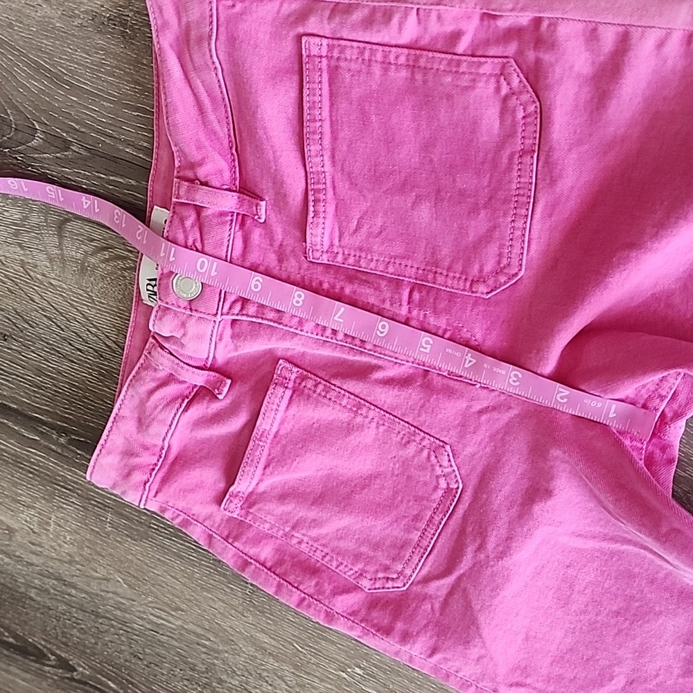 ZARA The Sailor Vibrant Pink Denim Frayed Hem Cropped Jeans Size 2 - Picture 5 of 10